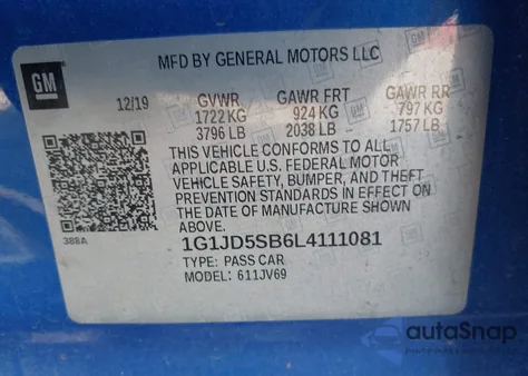 2020 Chevrolet Sonic Fwd Lt z USA, uszkodzony, nr VIN 1G1JD5SB6L4111081